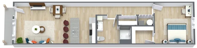 Modern 3D floor plan showcasing a spacious 1-bedroom apartment with an open-concept living room and kitchen, stylish island seating, cozy dining area, and contemporary fixtures.