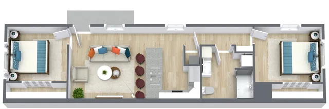 Modern apartment floor plan showcasing 2 spacious bedrooms, inviting living area, and open kitchen with a stylish island.