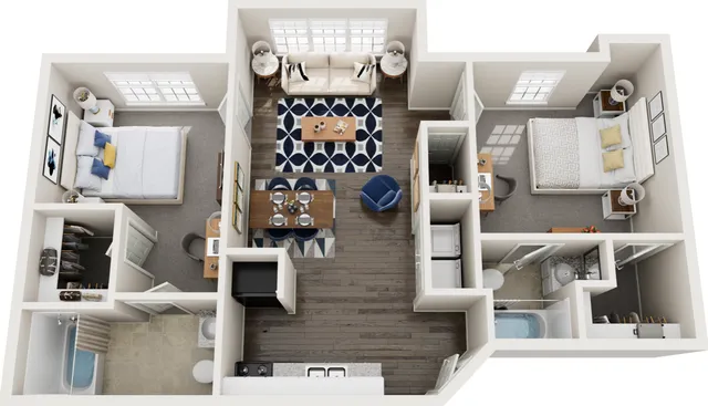 Modern 3D floor plan showcasing two elegant bedrooms, a cozy living room, stylish kitchen, and two bathrooms, designed with spaciousness and natural light in mind.