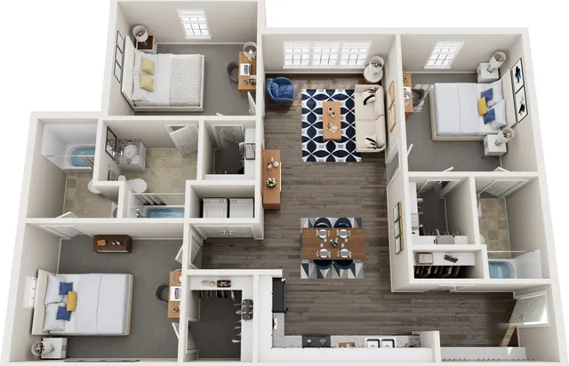 Modern 3D floor plan featuring 3 spacious bedrooms, a cozy living area, and a sleek kitchen with dining space, ideal for comfortable living.