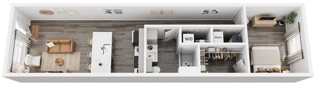 Contemporary 3D floor plan showcasing a single-bedroom apartment, featuring an open-concept living area with cozy seating, sleek kitchen with a marble island, and a spacious closet adjacent to utility spaces.