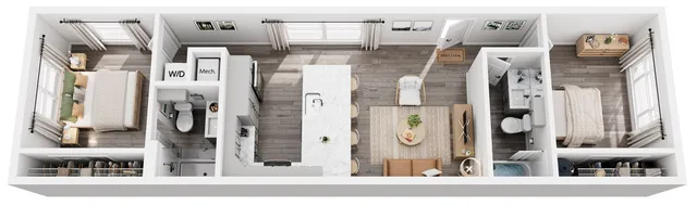 Modern 3D floor plan showcasing two cozy bedrooms, sleek kitchen with marble island, stylish living area, and two bathrooms.