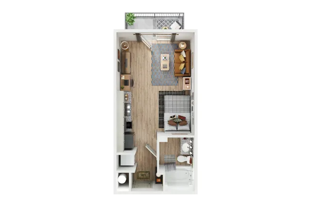 Contemporary studio apartment floor plan featuring an open living area, cozy bedroom, sleek kitchen, and modern bathroom with a private balcony.