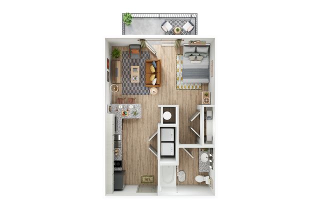 Elegant floor plan featuring a cozy bedroom, stylish open-concept living area, modern kitchen, and inviting balcony.