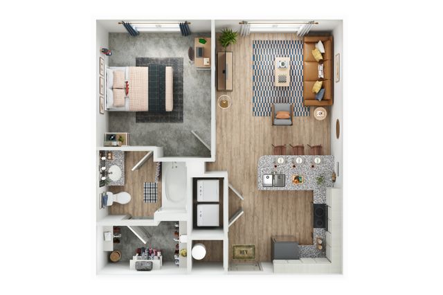 Elegant floor plan showcasing a spacious one-bedroom apartment with a modern open-concept kitchen and living area, stylish bathroom, and convenient laundry setup.