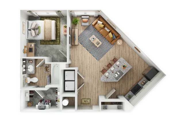 Contemporary open-concept floor plan featuring a spacious living room, modern kitchen with island seating, large bedroom with workspace, and a stylish bathroom.