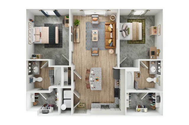Chic apartment floor plan with two bedrooms, central living area, and modern kitchen layout, complemented by two sleek bathrooms.