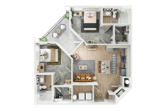 Modern 3D floor plan showcasing two spacious bedrooms, elegant open-concept living area, and a contemporary kitchen with adjacent balcony.