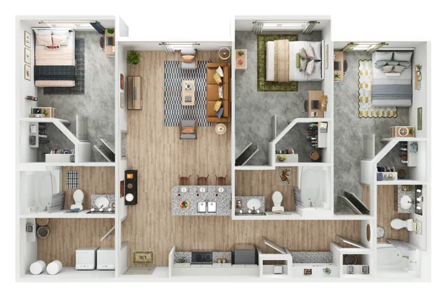 Modern 3D floor plan showcasing 3 bedrooms, stylish open kitchen with bar seating, cozy living room, and 2 elegant bathrooms.