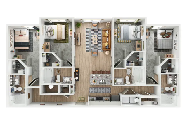 Modern 3-bedroom apartment floor plan showcasing an open living area, stylish kitchen, and elegant bathrooms.