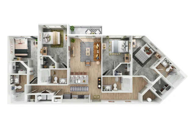 Modern floor plan showcasing 3 elegant bedrooms, open living area, and a spacious kitchen, with two stylish bathrooms.
