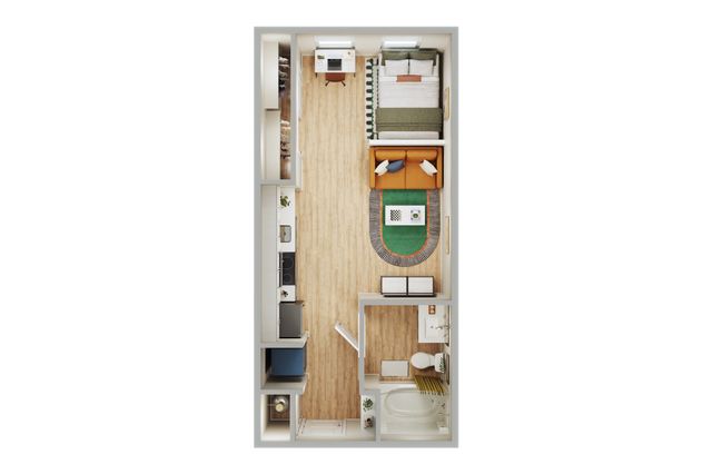 Modern apartment floor plan showcasing an efficient layout with a cozy bedroom, stylish living area, compact kitchen, and chic bathroom.