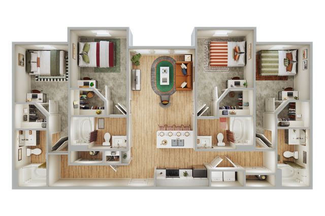 Modern floor plan showcasing 4 bedrooms, 2 bathrooms, an open living area, and a sleek kitchen with ample counter space.