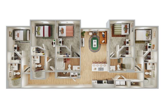 Modern 3D floor plan showcasing 4 bedrooms, an elegant living room, and a contemporary kitchen with bar seating.