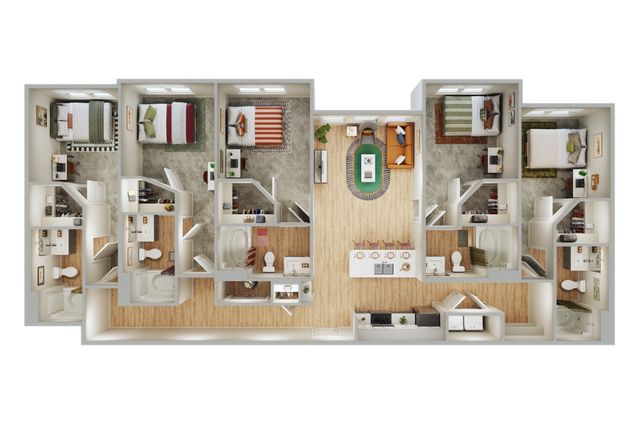 Elegant 3D floor plan showcasing 4 spacious bedrooms, open-concept living area and dining, modern kitchen, and multiple bathrooms.