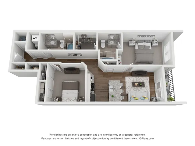 3D floor plan displaying two bedrooms, open living and dining area, modern kitchen, and two bathrooms.