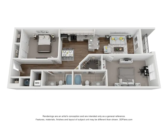3D floor plan highlighting 2 bedrooms, modern kitchen, open living area, and dual bathrooms.
