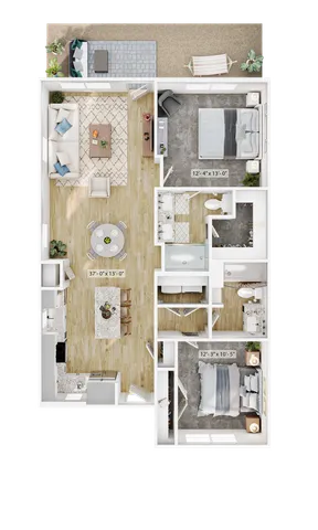 Stylish floor plan showcasing 2 bedrooms, open living and dining areas, and modern kitchen with breakfast bar.
