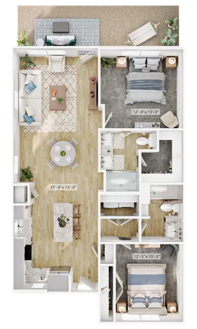 Efficient apartment layout featuring two bedrooms, open living-dining area, modern kitchen, and two bathrooms.