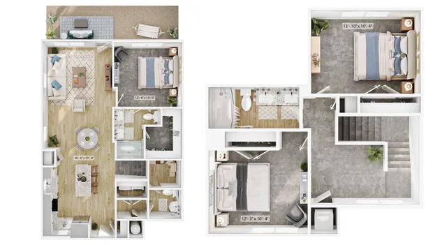 Contemporary dual-level floor plan featuring two bedrooms, spacious living and dining area, and modern amenities.