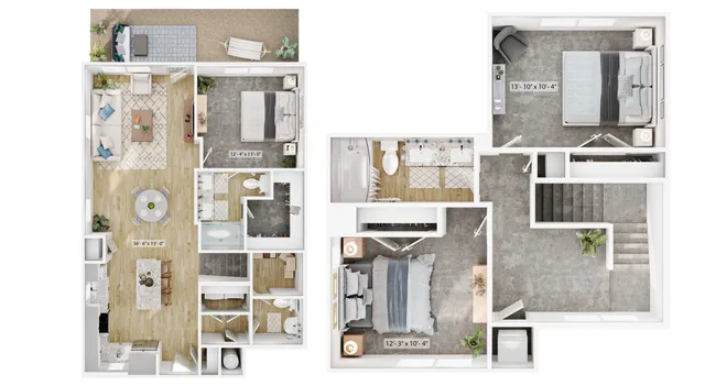 Contemporary 2D floor plan of a two-story duplex featuring three bedrooms, an open living area, modern kitchen, and outdoor patio.
