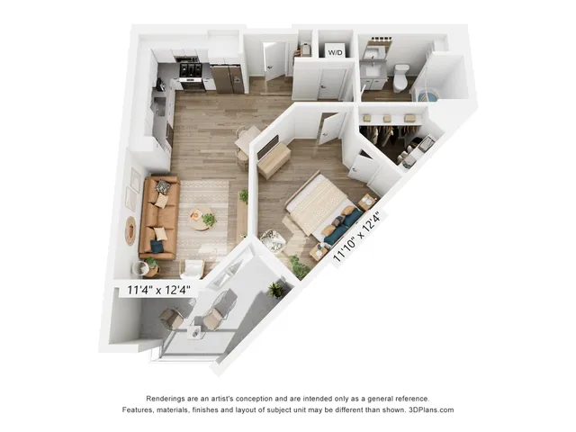 Modern floor plan showcasing a one-bedroom with an open-concept living and kitchen area, stylish bathroom, and convenient in-unit washer and dryer.