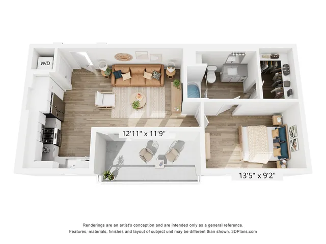 Bright and modern 3D floor plan showcasing a cozy one-bedroom apartment with a chic living room, elegant kitchen, and inviting balcony, perfect for urban living.