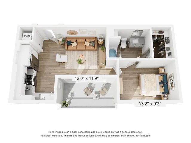 Modern 3D floor plan showcasing a cozy apartment with a spacious bedroom, inviting living area, compact kitchen, and stylish bathroom.
