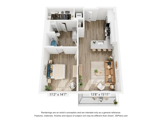 Modern 3D floor plan featuring a spacious 1-bedroom apartment with open-concept living room and kitchen, stylish interiors, and ample storage space.
