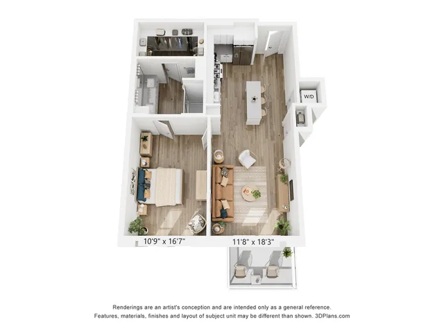 Elegant 3D floor plan featuring a cozy bedroom, stylish living area, modern kitchen with island, and a private balcony.