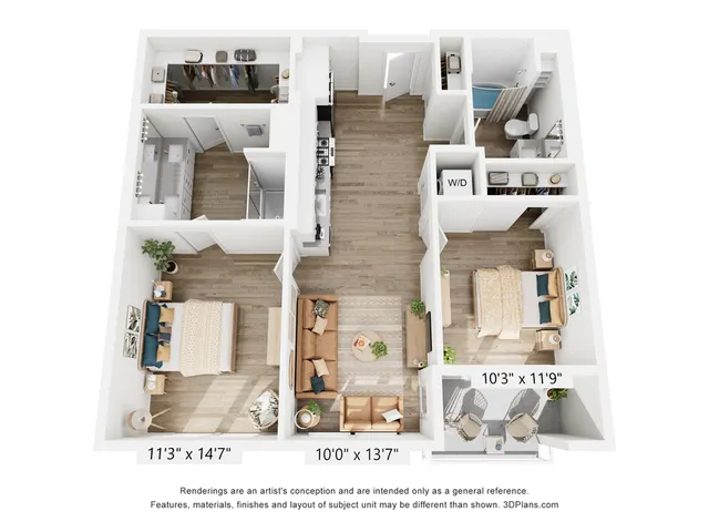 Modern 3D floor plan showcasing two cozy bedrooms, a sleek open-concept living area, and a contemporary kitchen.