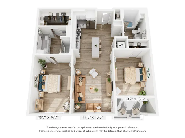Chic apartment 3D floor plan showcasing 2 spacious bedrooms, cozy living area, stylish kitchen, and modern bathrooms with wood flooring.