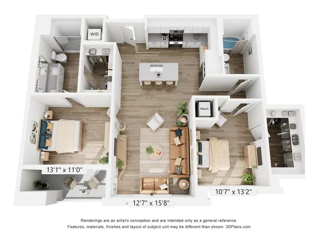 Modern 3D floor plan showcasing a stylish 2-bedroom apartment with an open-concept living area, spacious kitchen, and private balcony.
