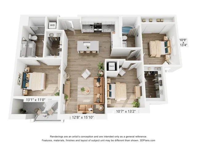 Elegant 3D floor plan featuring two bedrooms, two bathrooms, an open-concept living area, and a modern kitchen with an island, offering spacious and stylish living.