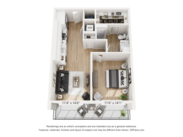 Modern 3D floor plan showcasing a single bedroom apartment with an open living area, sleek kitchen, and private balcony.