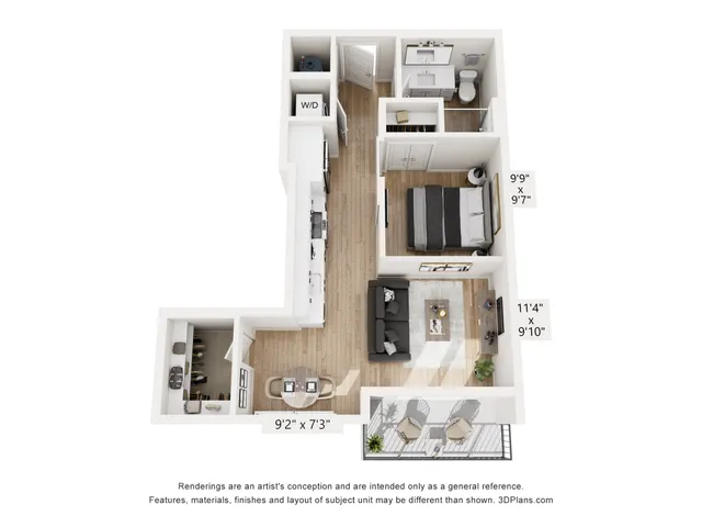Modern 1-bedroom apartment floor plan featuring an open-concept living area, stylish kitchen, cozy balcony, and efficient layout.