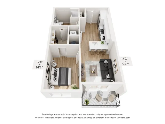 Modern floor plan with a cozy bedroom, sleek open-concept kitchen and living area, compact bathroom, and inviting balcony space.