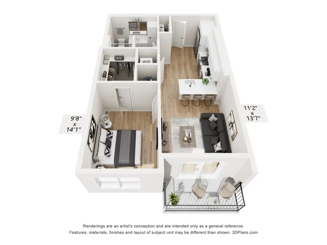 Elegant 3D floor plan showcasing a sleek one-bedroom layout with a modern open-concept kitchen and living area, stylish bathroom, and cozy balcony space, perfect for urban living.