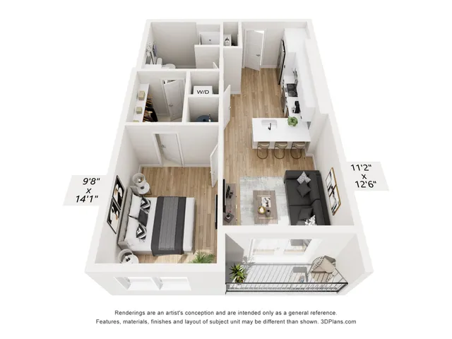 Chic open-concept apartment layout featuring a spacious bedroom, modern kitchen with island seating, cozy living area, and private balcony.
