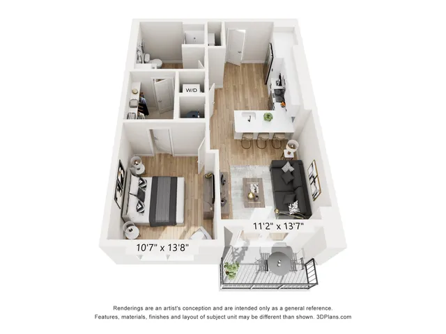 Chic and modern 3D floor plan showcasing a spacious one-bedroom apartment with open-concept living area, stylish kitchen, and cozy balcony.