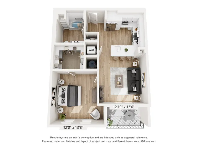 Modern 3D floor plan showcasing 1 bedroom apartment with open-concept kitchen and living area, elegant bathroom, and cozy balcony.