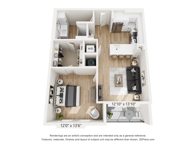 Chic 3D floor plan showcasing a modern 1-bedroom apartment with an open-concept kitchen, cozy living area, and private balcony.