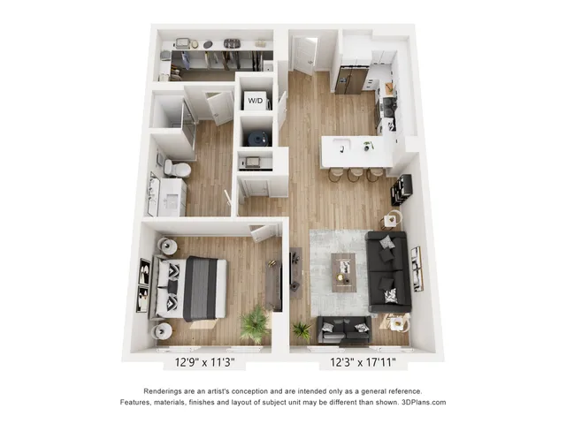 Modern 3D floor plan showcasing a cozy one-bedroom apartment with sleek kitchen island, inviting living room, and stylish bathroom.