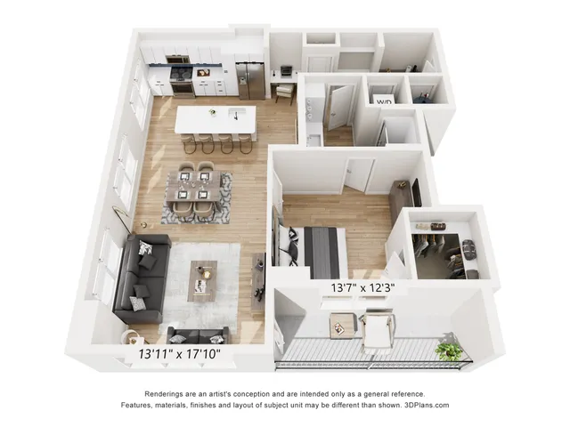 Beautifully designed 3D floor plan showcasing open-concept living and dining area, stylish kitchen with island, cozy bedroom, and private balcony with garden view.