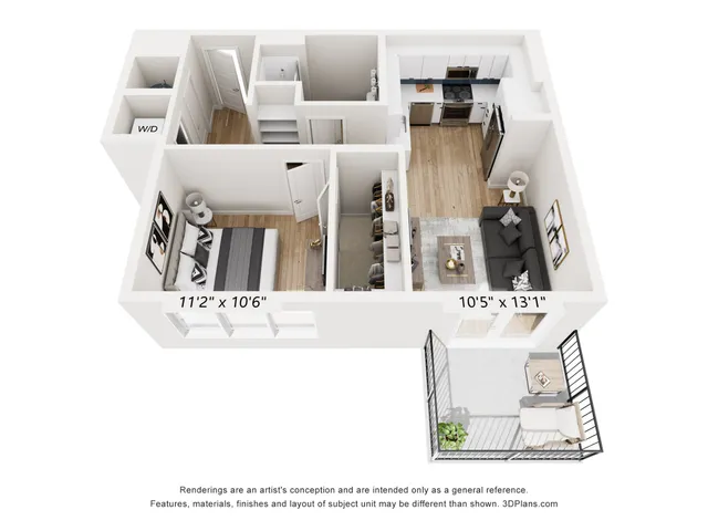 Modern 3D floor plan showcasing a chic one-bedroom layout with open-concept living and dining area, a sleek kitchen, private balcony, and in-unit washer/dryer space.