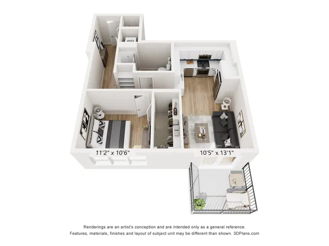 Modern 3D floor plan showcasing a cozy apartment with a spacious bedroom, elegant living room, stylish kitchen, and a welcoming balcony.