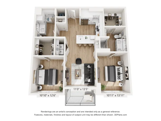 Modern 3D floor plan showcasing 2 bedrooms, stylish open living area, sleek kitchen, and elegant bathrooms with ample closet space.