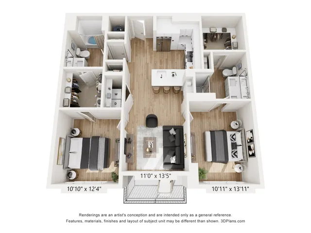 Chic 3D floor plan showcasing 2 spacious bedrooms, sleek kitchen with breakfast bar, open living area, and 2 modern bathrooms.