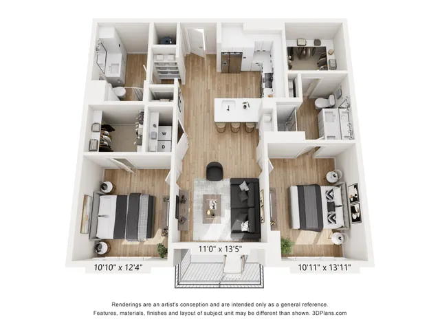 Modern 3D floor plan showcasing two bedrooms, an open-concept kitchen with island seating, and a cozy living room with balcony access.