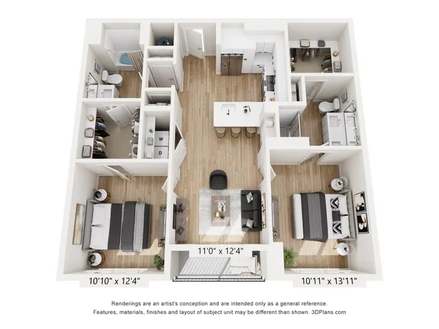 Modern 3D floor plan showcasing 2 spacious bedrooms, a stylish open-concept kitchen and living area, and two elegant bathrooms, featuring contemporary design and functional layout.